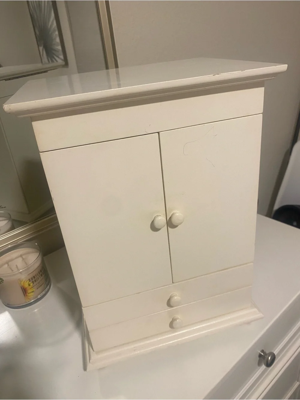 White Wooden Jewelry Cabinet with Doors and Drawers